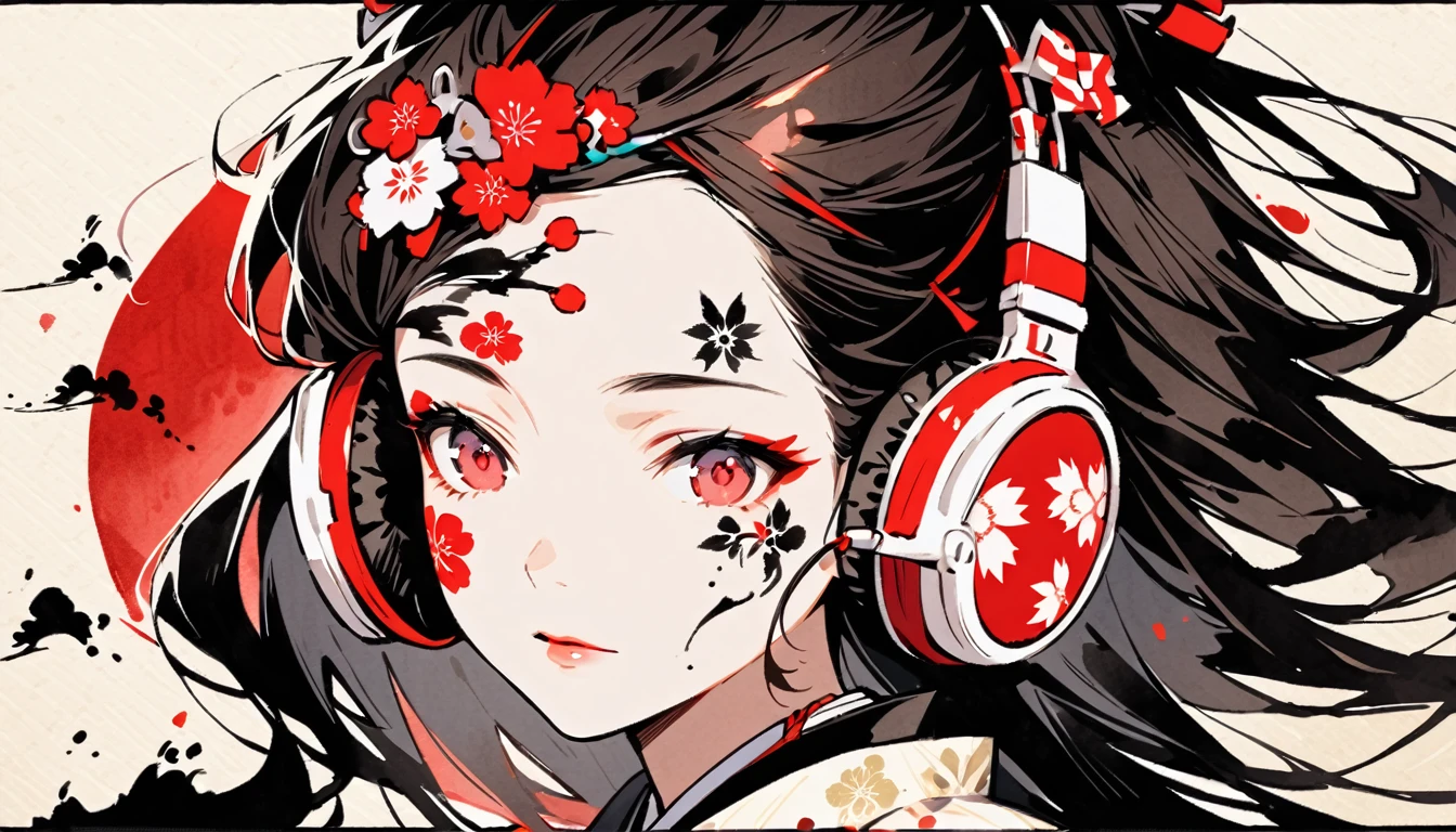 (((Ink Painting))), ((Japanese style headphones)), (((Japanese pattern tattoo on face))), face close up, Gorgeous hair accessories, Japan人の女, Fluttering Hair, Japan, Japanese flag