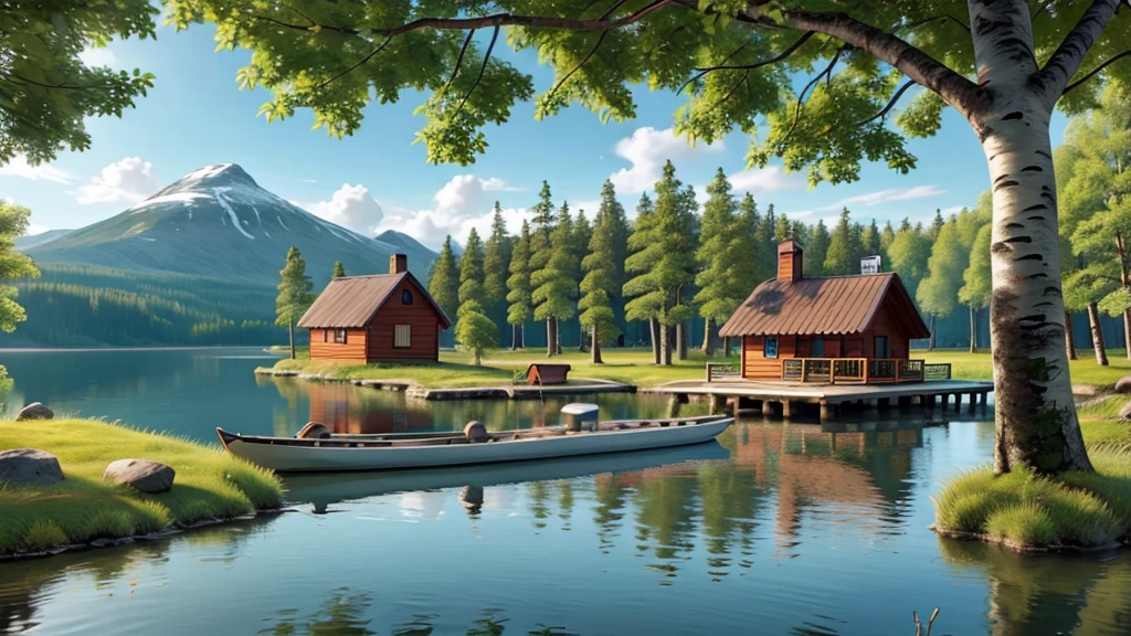 Finnish lake landscape with a cabin, boat, and birch forest.