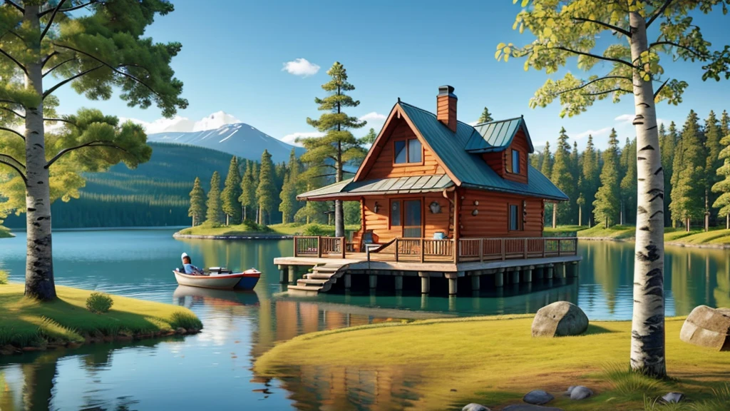 Finnish lake landscape with a cabin, boat, and birch forest.