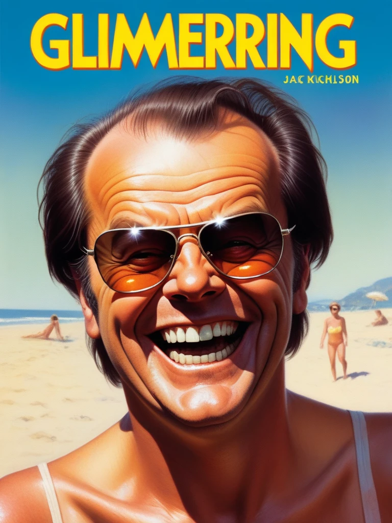 cover of an old novel called "glimmering" portraying a horror Jack Nicholson, laughing maniacally with perfect teeth,  with sunglasses under the hot bright sun
 