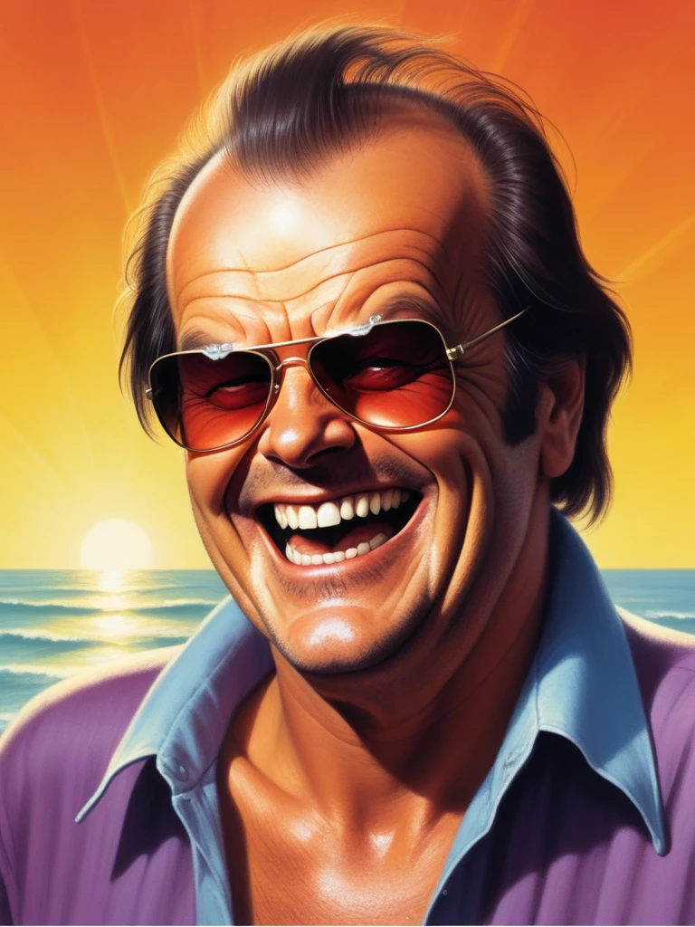 cover of an old novel called "glimmering" portraying a horror Jack Nicholson, laughing maniacally with perfect teeth,  with sunglasses under the hot bright sun
 