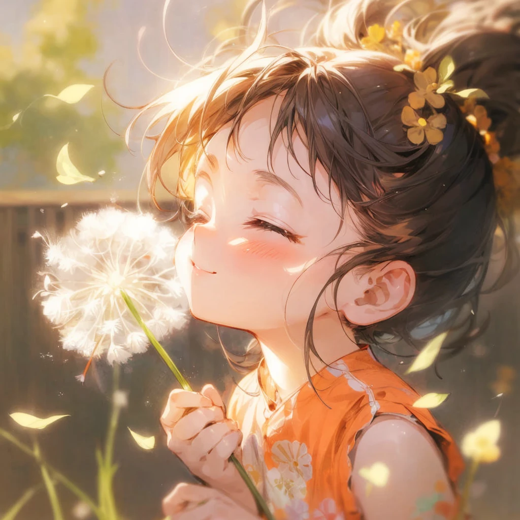 Anime girl with dandelions blowing in the wind, Anime visuals of cute girls, Happy expression, happy girl, Smiling, Close eyes,Cute,Happy and cheerful look, she expressing joy, anime image, very happy, Cute anime girl, Smiling expression, Beautiful Anime Portrait, Soft and surprised smile, soft anime illustration, Anime Illustration, she is smiling and happy, beautiful anime artwork, Cheerful expression