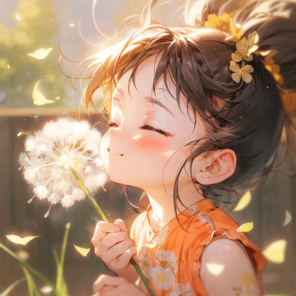 Anime girl with dandelions blowing in the wind, Anime visuals of cute girls, Happy expression, happy girl, Smiling, Close eyes,Cute,Happy and cheerful look, she expressing joy, anime image, very happy, Cute anime girl, Smiling expression, Beautiful Anime Portrait, Soft and surprised smile, soft anime illustration, Anime Illustration, she is smiling and happy, beautiful anime artwork, Cheerful expression