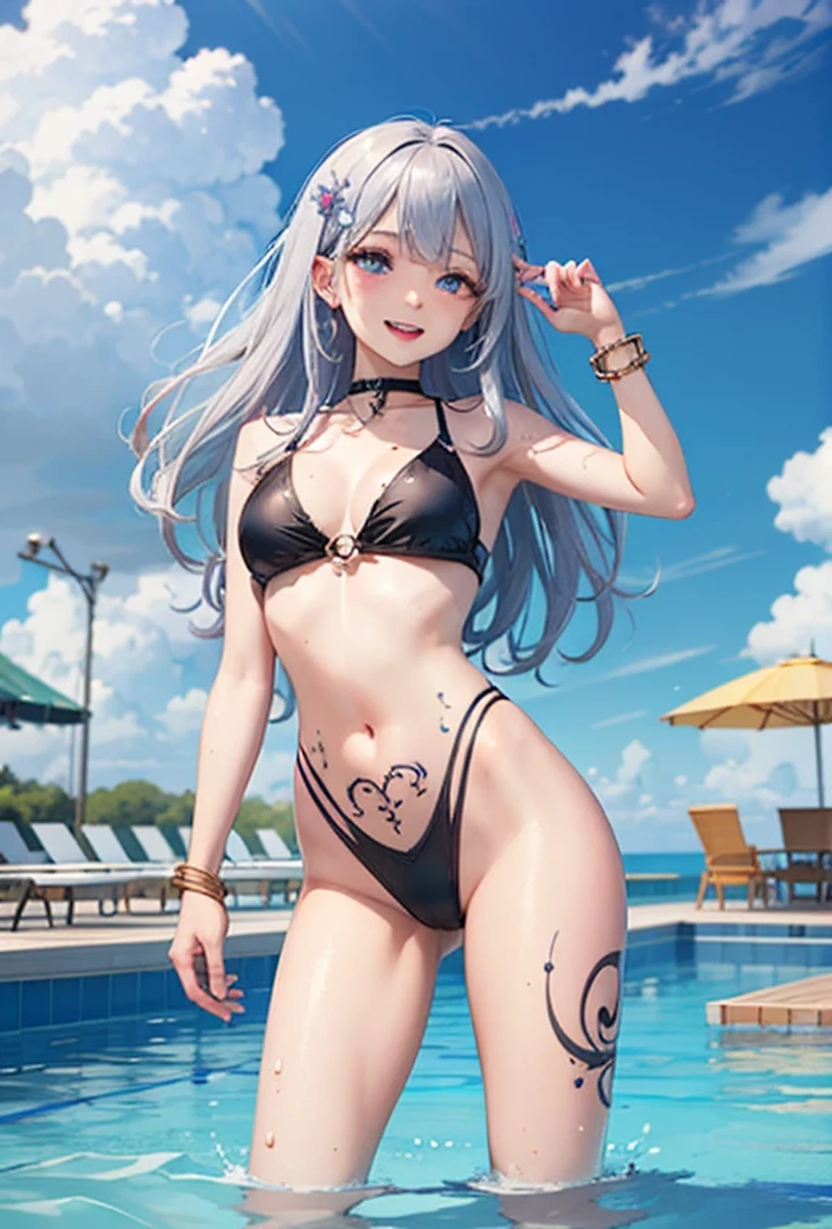 (Super detailed、Ultra-high resolution、8K masterpiece、Vibrant colors)、((Flat Color))、((Floating water))、summer、Poolside、Tied Up Woman、Turn around、Angle from behind、(Golden chains on body、Golden handcuffs)、Random Sexy Poses、Sweaty、
((body paint、Pop tattoo on thigh))、Big Breasts、Spread your legs、
(Tight swimsuit、choker）、cameltoe、Beautiful hip line、
(Long Hair、Vermilion, blue, silver, golden hair、hair ornaments)、Beautiful blue eyes、Beautiful red lip、（fun、smile、Ahegao）、
TWICE&#39;s Tzuyu&#39; on pause、