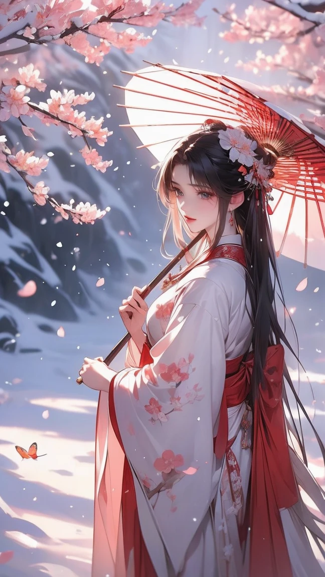 There is a woman in red dress holding a white umbrella, traditional Chinese white umbrella, wild snow scene, a girl in Hanfu, Hanfu, Chinese girl, Chinese woman, Chinese style, white Hanfu, red shawl, snowing, distant scene one A peach blossom tree, full of peach blossoms, a few villages of peach blossoms stretching down from the close-up view, a lot of peach petals floating in the air, heavy snow with goose feathers, 2 colorful butterflies flying, traditional Chinese clothing, cover photo Du's portrait Juan, portrait photo, China Princess, wearing red cheongsam, inspired by Tang Yifen, black haired goddess, beautiful brunette girl, oriental girl, master work, best picture quality, higher quality, high detail, super high resolution, 8k resolution, depth of field, Cinematography, Intricate detail, Elaborate, Meticulous, Magnificent, Maximum detail, Extreme beauty, (((1girl, solo))), 18age, Long hair, Black hair, White skin, Realistic, Masterpiece, (best picture quality), higher quality, high detail, super high resolution, panorama, exquisite facial features, perfect face, glowing skin, dreamy background, women, girls, angels, mini girls, goddesses, poets, shy, Surprise, shoulder-length hair, black hair, sharp and clear focus, three-dimensional silhouette, correct proportions, realistic portrait, face close-up, a very temperamental beautiful girl, slender figure, exquisite facial features, flowing long hair, Black hair, extremely detailed hair description, (collarbone), perfect face, clean and flawless face, long eyelashes, light pink eye shadow, shallow dimples, blush, watery big eyes crystal clear, delicate cream Glowing skin like skin, detailed skin details, CFG scale: 8,(A beautiful girl with large breasts and a wisteria flower in her hair),(she wears a white bikini and has her lips slightly parted),(her navel is visible as she stands surrounded by alraune plants), a dream-like atmosphere with vibrant colors and soft lighting, red hair, yellow detailed eyes