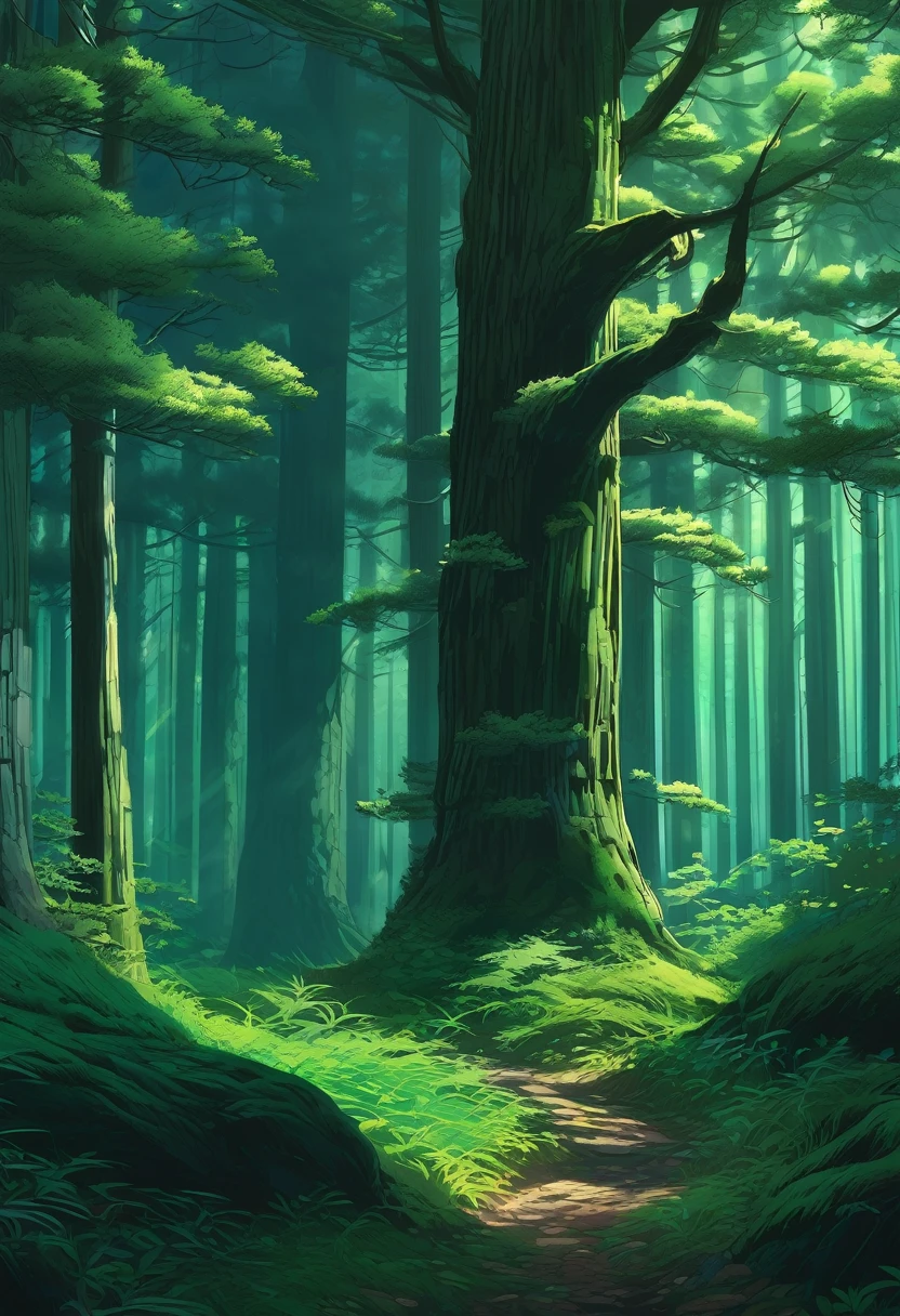Dark Forest, The natural beauty of a mysted dark pine forest, dark black forest bavarian mythical scenery, dark green pine color scheme only, dark green colors only, dark green, Made in Abyss, Stormlight Archive, Studio Ghibli, Anime Key Visual, by Makoto Shinkai, Deep Color, Intricate, 8k resolution concept art, Natural Lighting, Beautiful Composition, Xianxia style