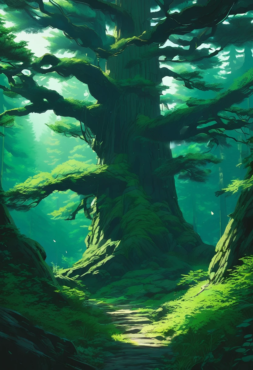 Dark Forest, The natural beauty of a mysted dark pine forest, dark black forest bavarian mythical scenery, dark green pine color scheme only, dark green colors only, dark green, Made in Abyss, Stormlight Archive, Studio Ghibli, Anime Key Visual, by Makoto Shinkai, Deep Color, Intricate, 8k resolution concept art, Natural Lighting, Beautiful Composition, Xianxia style
