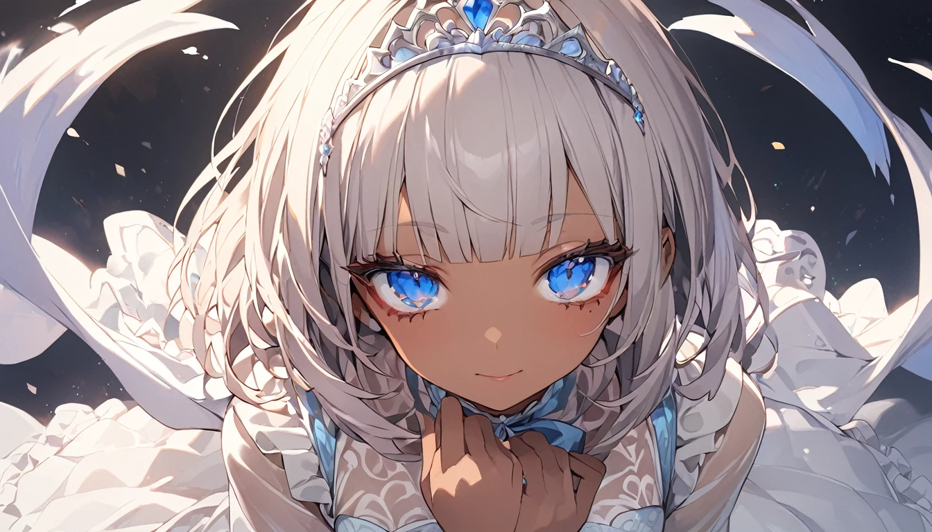 masterpiece, Highest quality, Very detailed, High resolution, Japanese anime,One girl, (Dark Skin:1.2), Silver Hair (short hair:1.4), (Blunt bangs:1.3), Curly Hair, Wavy Hair, Drill Hair, (eyelash:1.3), (eye shadow:1.3), (blue eyes:1.5), (Beautiful attention to detail:1.4), Eyes half closed, Height: 130cm, original character, Fantasy, (Black background:1.2), Beautiful fingers, Are standing, (Lace Ruffled Dresses:1.5), (tiara:1.5) , Shoot from the front, View your viewers