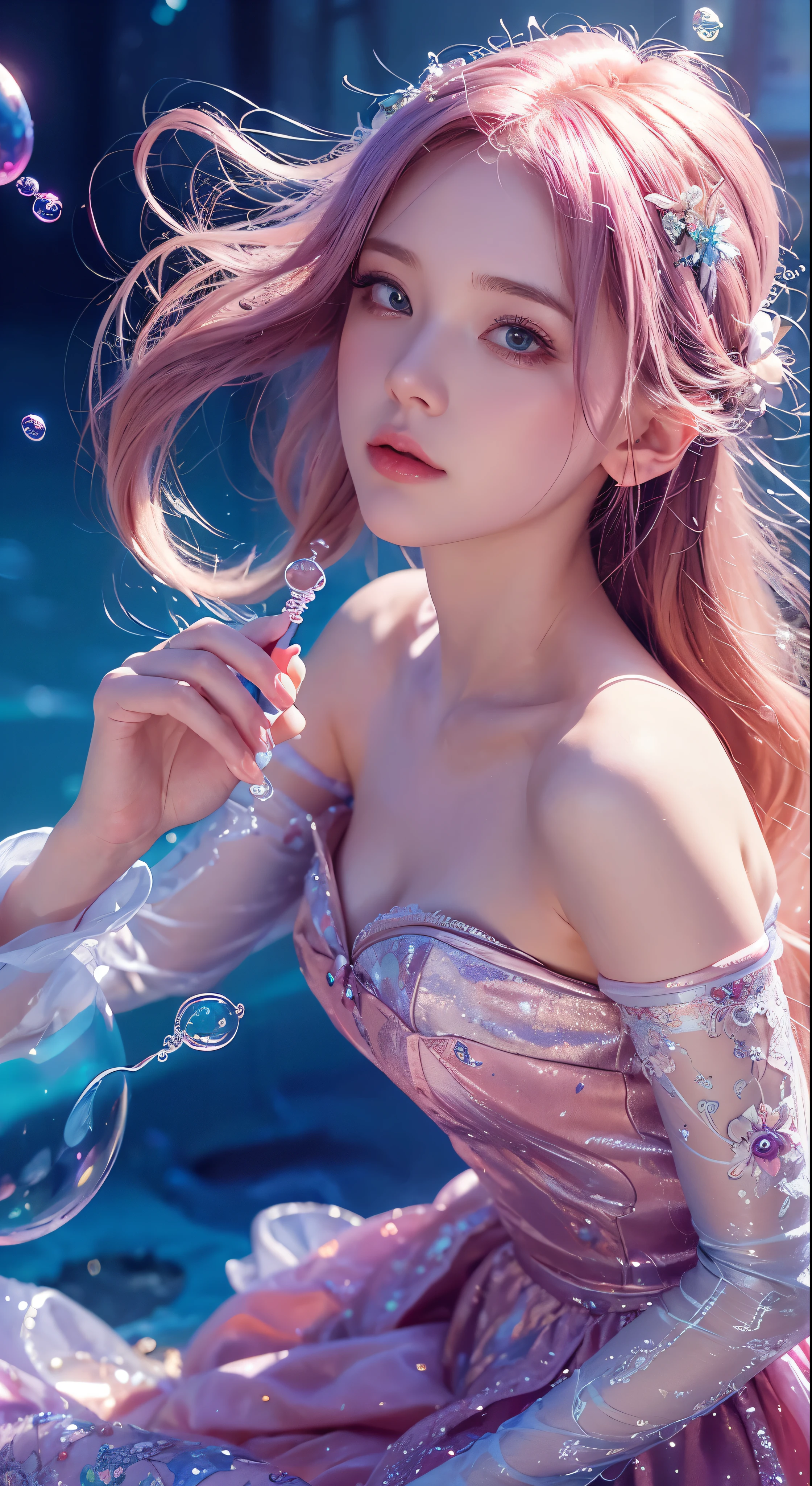a painting of a woman in a dress blowing bubbles, loish and wlop, ethereal bubbles, moebius + loish + wlop, dreamy and detailed, intricate wlop, closeup fantasy with water magic, fairytale artwork, fairytale painting, in style of anna dittmann, wlop art, realistic fantasy painting, artgerm julie bell beeple