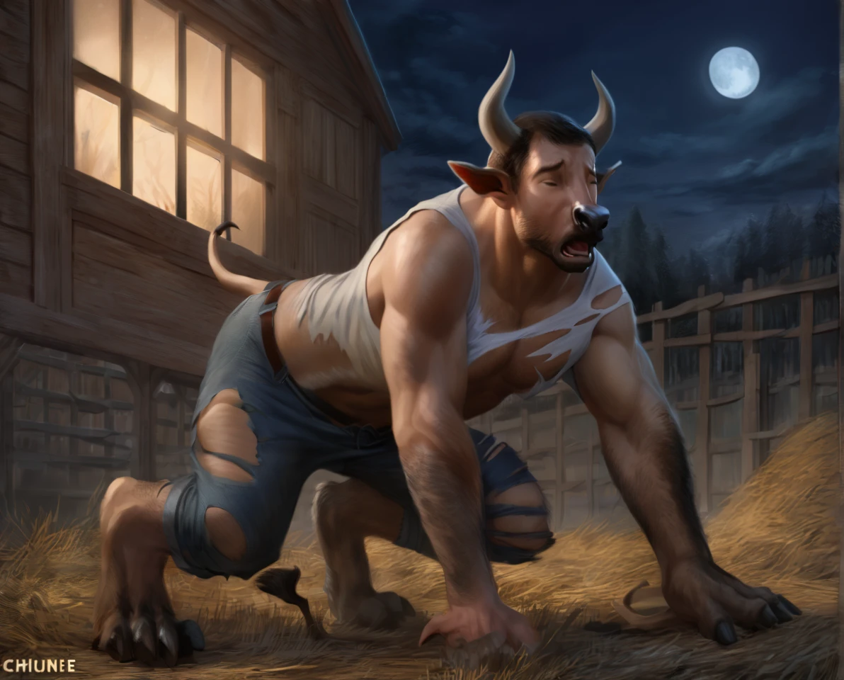 male bull mid transformation, solo, masterpiece, best art, full body, digitigrade, torn pants, torn shirt, detailed hands, detailed eyes, detailed torso, farm, painful expression, transformation, human face, standing, night, moon, all fours, pecs, closed eyes