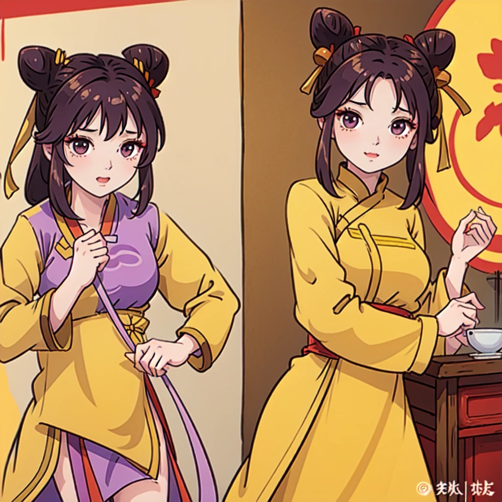 ((Best Quality, ancient china)), 1chica, brown fur ((bun hairstyle)) , purple eyes, yellow tunic ((completely yellow tunic))
