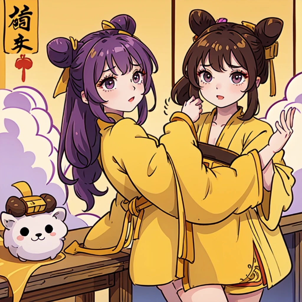 ((Best Quality, ancient china)), 1chica, brown fur ((bun hairstyle)) , purple eyes, yellow tunic ((completely yellow tunic))
