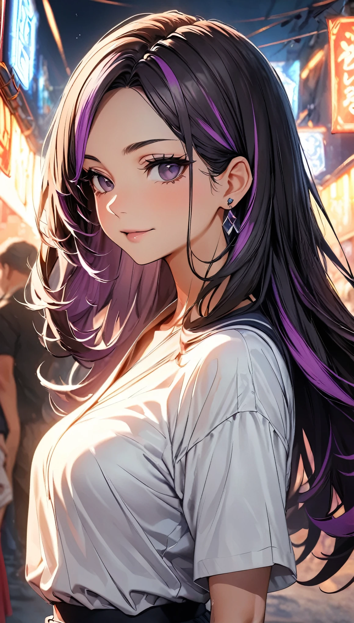 (highest quality:1.2, Very detailed, up to date, Vibrant, Ultra-high resolution, High Contrast, masterpiece:1.2, highest quality, Best aesthetics), Portraiture、girl、((25-years-old:1)), Bright colors、Beautiful fine details、Beautiful lip detail、long hair、black and purple ((streaked hair:1.6)), highlights hair: 1.5, brown eyes, ring earrings, ((slim body:1.2)), (small breast:0.7), (dark skin:0.5), (japanese traditional yukata:1), colorful floral pattern yukata, elegant pose, summer festival, bon dancee, Cowboy shot,