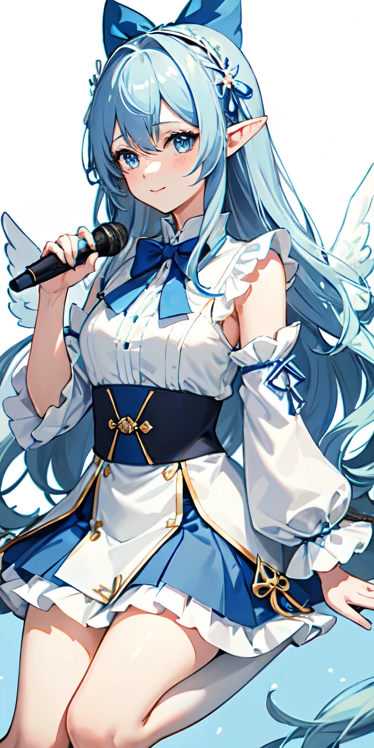 1 girl, blue japanese clothes, loose wavy hair with part of the hair tied on both sides, slightly dark blue hair, pastel blue bow on head, 1 pair of white wings on the head, one on each side, bright dark blue eyes, holding microphone, pastel blue skirt with white details, slightly dark blue fishnet stockings, dark blue long boots with white details, long pastel blue blouse with white details and a blue bow at the neck, elf ear, smiling very cute, vocaloid, side lighting, impacto genshin, image with white background