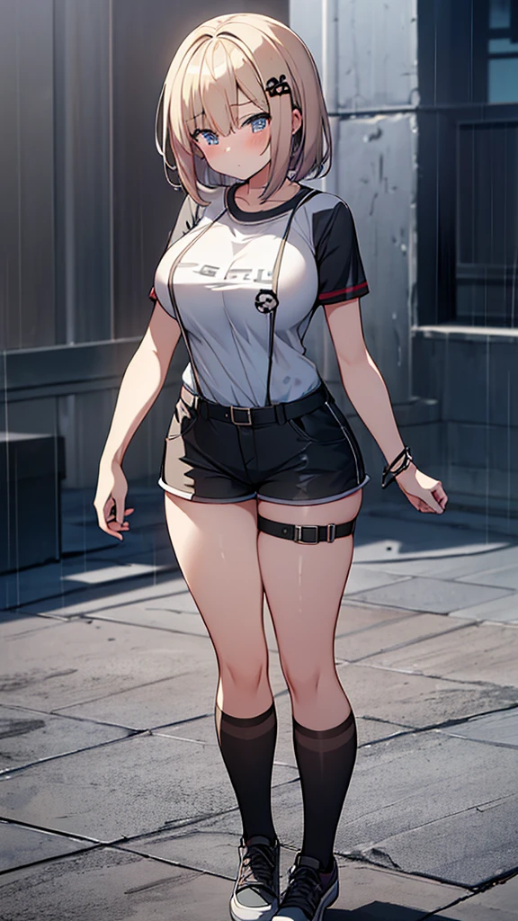 Full body image, front, One girl, 18-year-old, Mix 4, (32K, RAW Photos, Highest quality, masterpiece:1.2), (Anime-like, photoAnime-like:1.37), cute, Short sleeve T-shirt,Shorts,Black knee socks, night, rain, Humidity, Professional Lighting, Photon Mapping, Radio City, Physically Based Rendering, Super Resolution, (Big Breasts:1.2), {{The biological weapon that had preyed on the younger sister took her place and reunited with the older brother, The rebellious little sister has become the obedient little sister}}, Girl Skull, whole body, NSFW