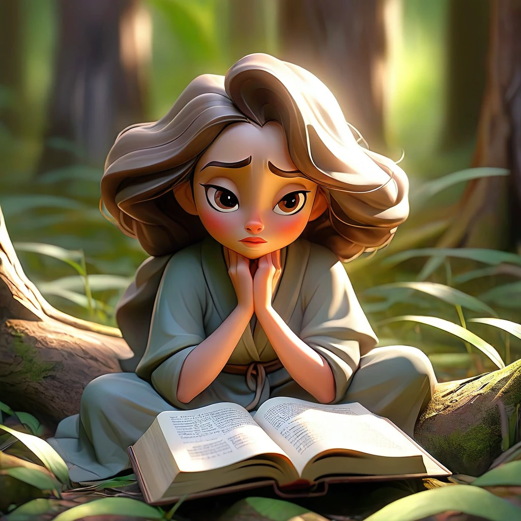 Sob a serene glass, on a peaceful day, woman in the forest happy, in voracious prayer. Bible in hands, words of light, Seek the comfort that faith always translates. The shadow of the tree, shelter and refreshment, A sacred encounter, an ethereal moment. With eyes closed and heart open, Pray fervently, search for the right path. Every leaf that falls, a divine whisper, Guiding your words, showing the destination. On sacred ground, your soul surrenders, To God omnipresent, his life he extends. under the tree, symbol of life and shelter, happy woman with bible, in an old dialogue. kneeling in prayer, her strength she renews.