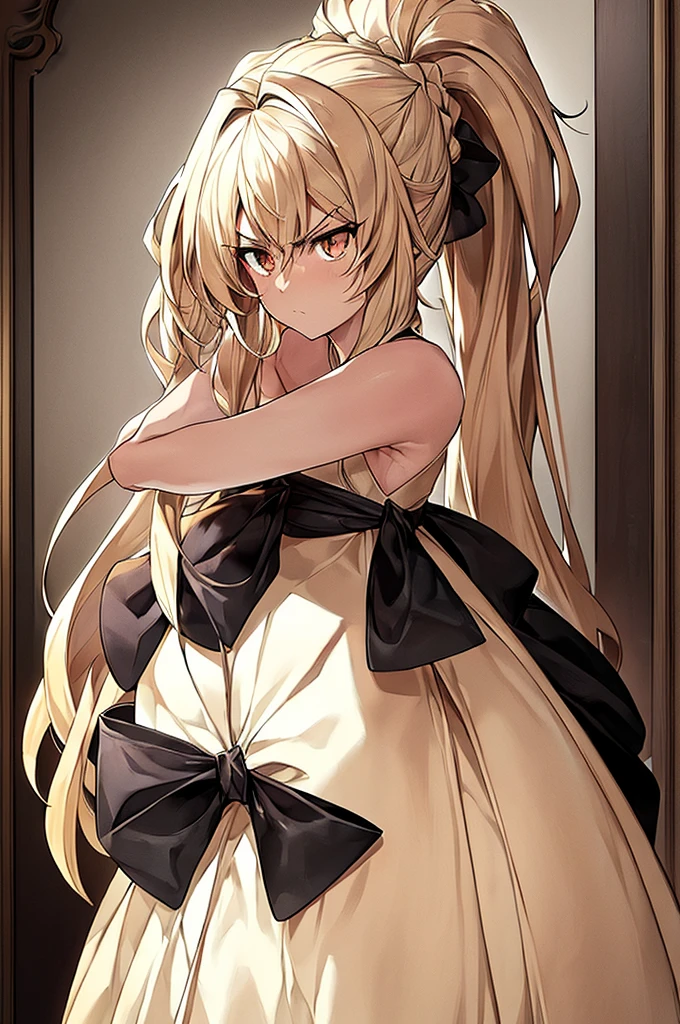 Masterpiece, best quality, girl noir style, beige skin, hairy skin, beige hair on the skin, brown eyes, long beige hair combed, hair up, white dress, black bow, determined look, look forward, serious, hairy skin . hairy face, noir style, hair up.