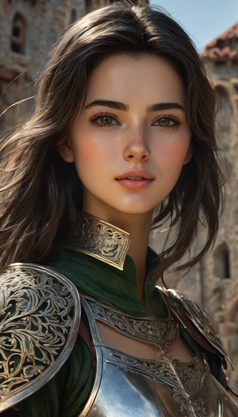 high resolution, ultradetailed, sunny day, ray of lights, 16k, UHD, photorealistic, (skin texture:1.2), (detailed face features:1.3), correct proportions, (castle ruins background:1.2 ), 1 girl, beautiful brown eyes, cowboy pose, dynamic pose, pretty eyes, plump lips, (thin and sharp pale eyebrows), long dark eyelashes, enigmatic, light skin, full body shot, accurate nose, (dark black hair:1.2), (bobcut:1.3), (form-fitting, ornate and elegant fantasy metal armor made of dark green metal with inserts of fine chain mail and floral embossed ornament:1.1), skinny fit girl, very small breasts, flat chest, Alessandra Martines, luna