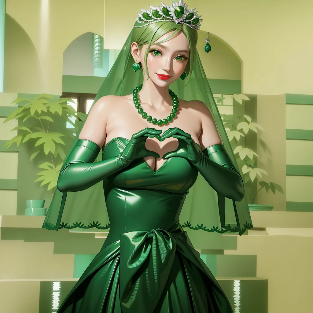 Emerald tiara, Green Pearl Necklace, ボーイッシュな非常に短いGreen Hair, Green Lips, Smiling Japanese woman, Very short hair, Busty beautiful lady, Green Eyes, Green satin long gloves, Green Eyes, Emerald Earrings, Green veil, Heart with both hands, Green Hair, Beautiful Japanese Woman, Heart shaped hands:1.3, green lip gloss