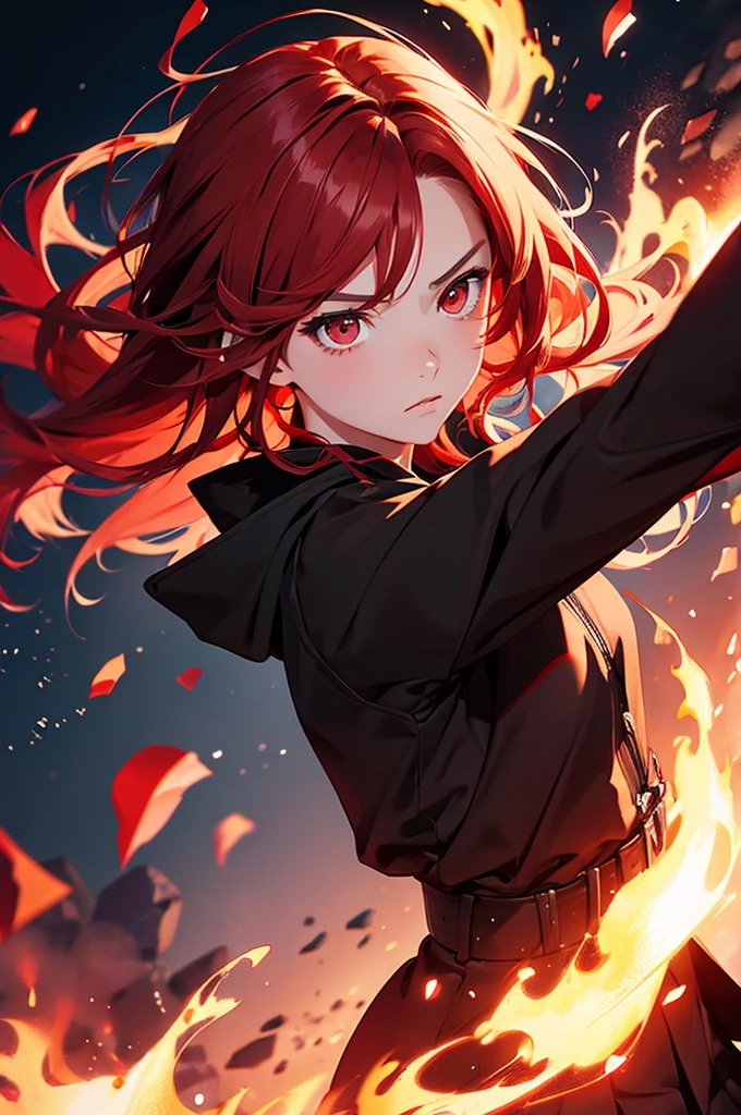 girl anime, 15 years, selfie, head-set, music, red eyes, red hair, angry, fire background