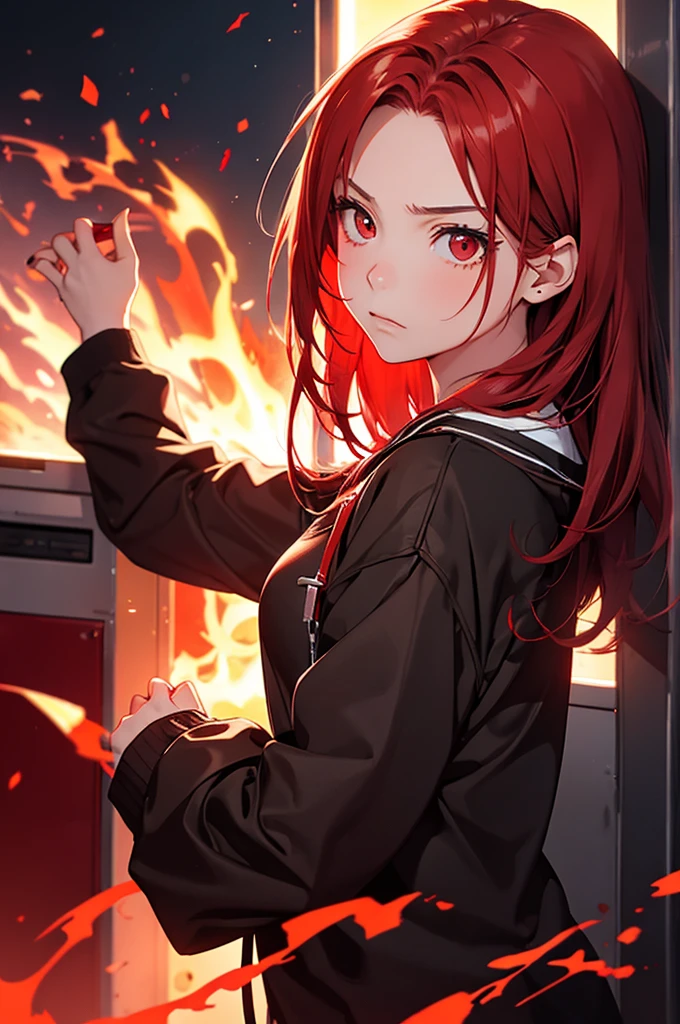 girl anime, 15 years, selfie, head-set, music, red eyes, red hair, angry, fire background