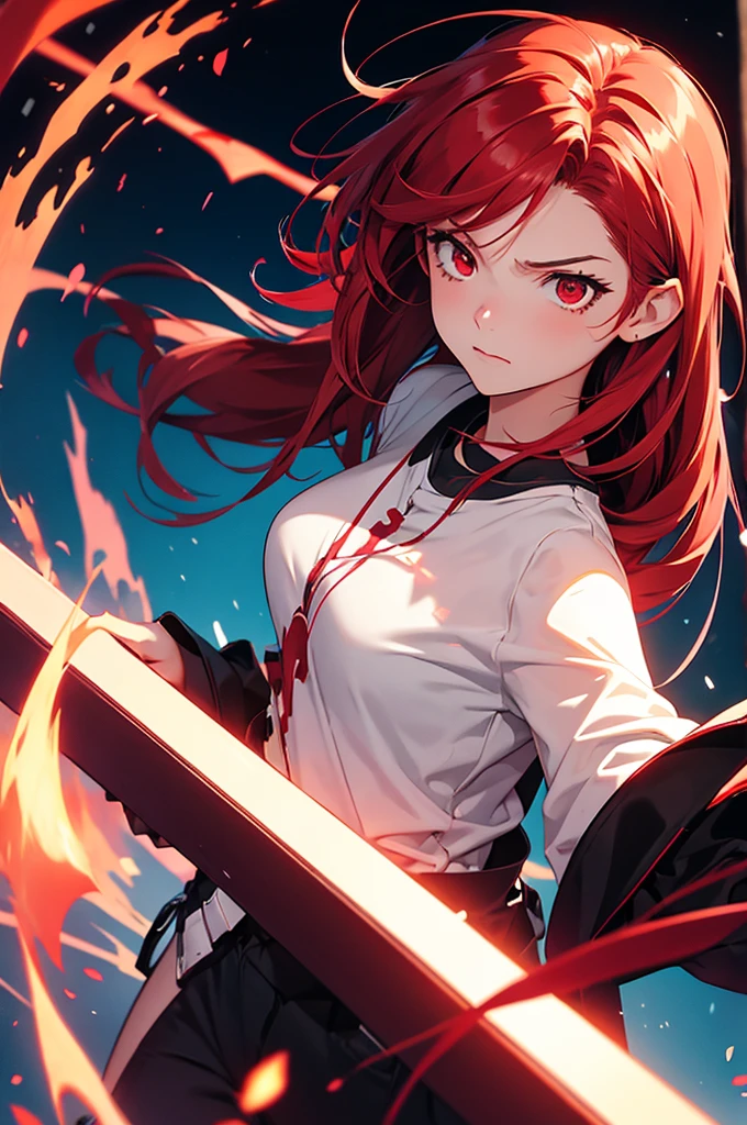 girl anime, 15 years, selfie, head-set, music, red eyes, red hair, angry, fire background
