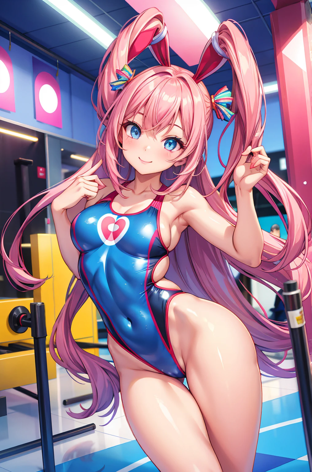  Realistic image, woman posing in the gym in a shiny, colorful swimsuit, well-shaped face, symmetrical eyes, smile, playmate-like proportions, one beautiful girl, She is wearing a super high-leg swimsuit that cuts from her crotch to her chest, smiling,