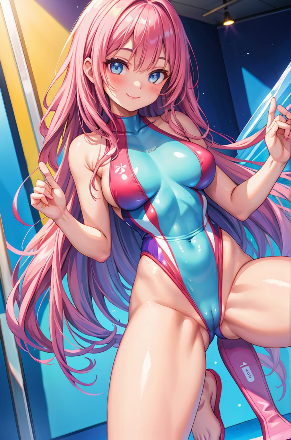 Realistic image, woman posing in the gym in a shiny, colorful swimsuit, well-shaped face, symmetrical eyes, smile, playmate-like proportions, one beautiful girl, She is wearing a super high-leg swimsuit that cuts from her crotch to her chest, smiling,