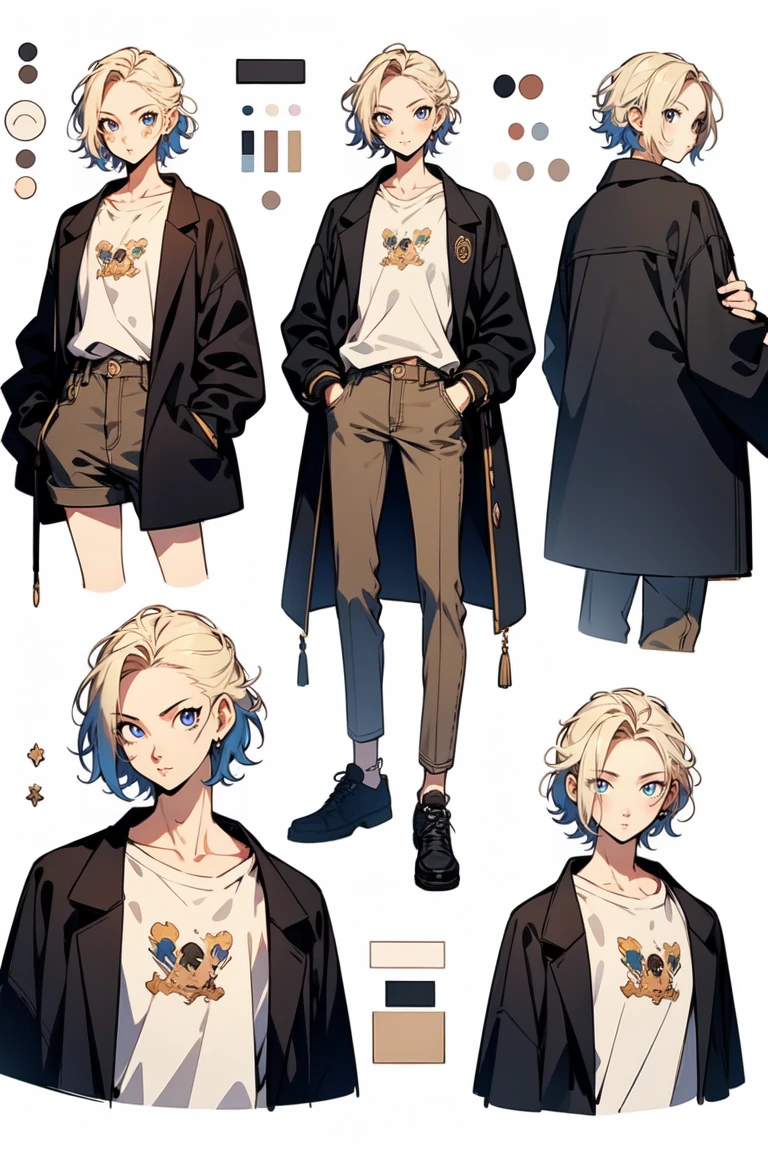 Video game character design, Drawing with Line Drawing, Multiple points of view, best quality,masterpiece,highres, yuan-ti, cute young male, collage ((character concept art)), Video game character design, Detailed teenage boy with pale skin, messy short blond hair, asian, flannel, oversizeshirts, layered clothes, button-up, graphic tee, longsleeved, accessories, turtleneck, vintage, illustartion,Realistic,Harmonious colours,natural lighting,urban, grunge, dark academia, multiple views, Multiple images of the same character in one outfit, messy fashion