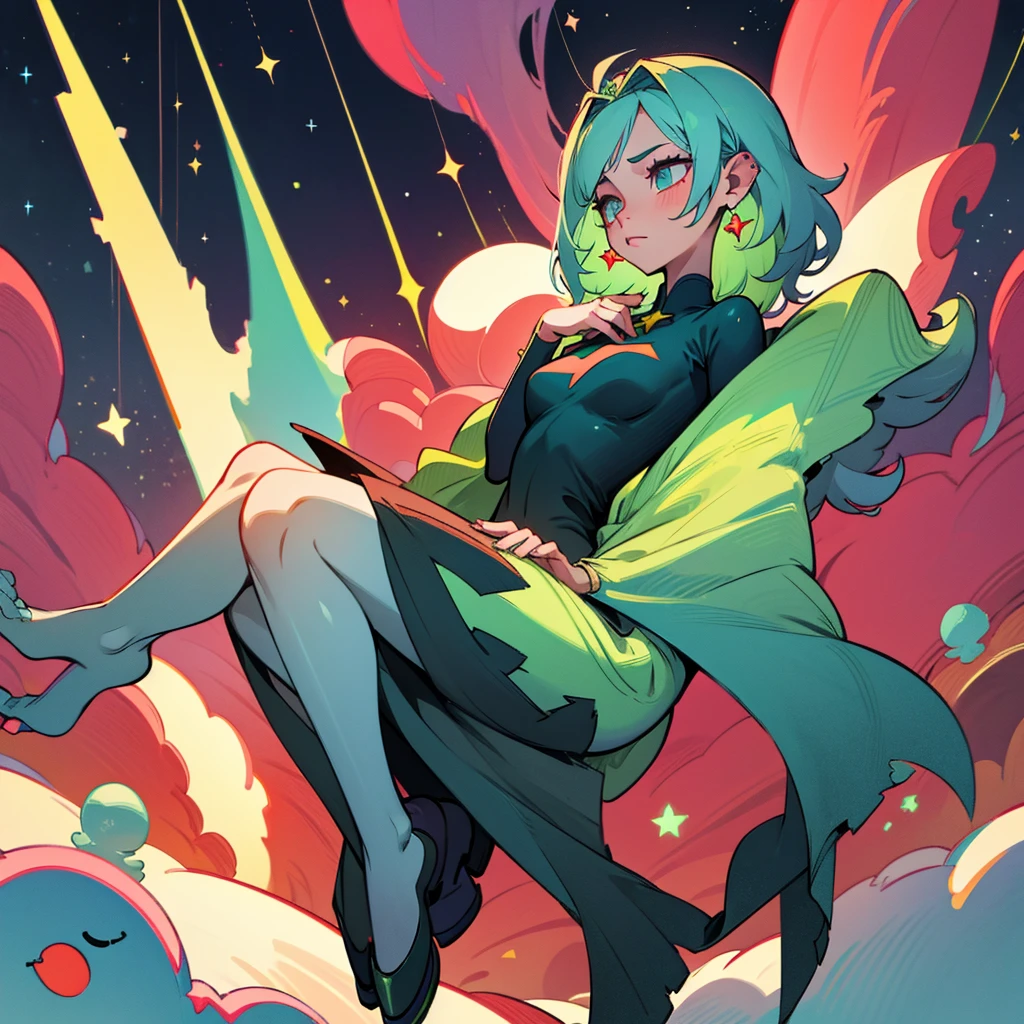 high resolution, shorth hair, Eyes red, aretes, sheen, stele, pretty, hair green, star accessories, sleepy eyes, only one girl, full body, body anatomy, perfect 5 fingers only.