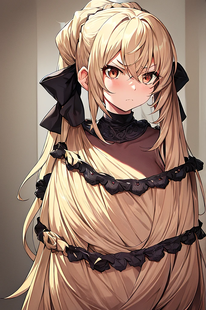 Masterpiece, best quality, girl noir style, beige skin, hairy skin, beige hair on the skin, brown eyes, long beige hair combed, hair up, white dress, black bow, determined look, look forward, serious, hairy skin . hairy face, noir style, hair up.