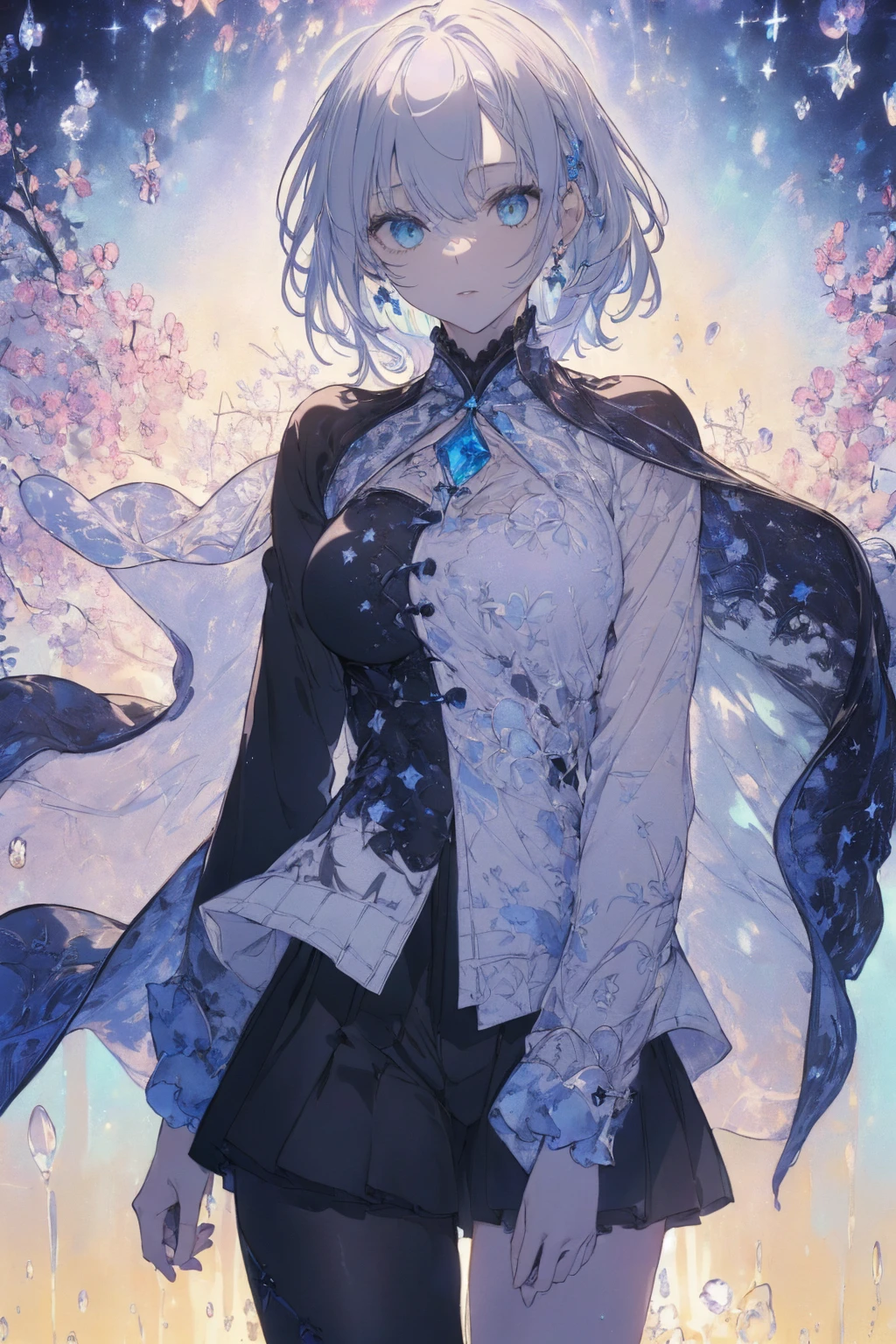 (summer clothing photo:1.1, in dark room:1.5), Masterpiece, best quality, (very detailed CG unity 8k wallpaper), (best quality), High definition RAW color art, Animation,sculptures, (black Marble Skin), (((Ultra detailed elegant))), Magical atmosphere, Detailed skin, Texture,(Intricately detailed, Fine detail, ultra-detail art), depth of fields, bokeh, Silky Touch, Hyper Detail, beautiful eyes, Elegant Face, (lying on blue waterfront), sparkle background, enormous breast:1.3, (silver hair), pastel purple, embarrassing face, wide open udder, short hair