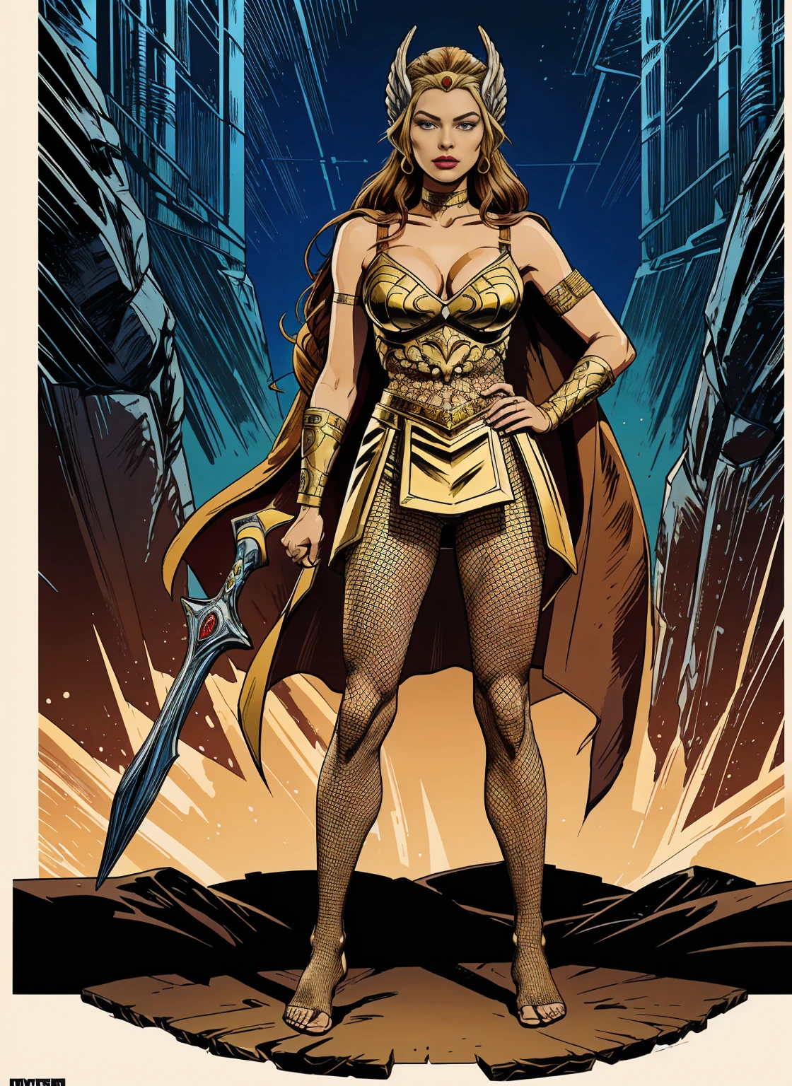 ((Full body photo, standing, feet on the ground)) Alison Tyler as a Valkyrie of Asgard, blue eyes, long brown hair,  fishnet pantyhose ultra-detailed, perfect body, Lady Knight,  She-ra, TM Samurai, intricate face details, poster style, icons, vibrant colors, vector style, digital art, 4K, intricate details, mesmerizing, professionally made, beautiful vector illustration, 12K resolution, 3D, all characters in detailed full body, highly detailed, vibrant, ultra high quality, Hyperrealism, Photorealism, octane render]


