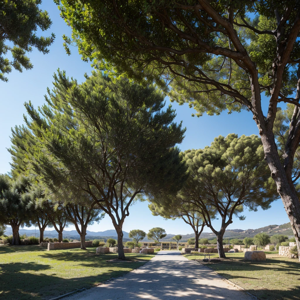 A landscape with clear blue skies, with an olive plantation and sun shining, realisitic, just the natural landscape without buildings