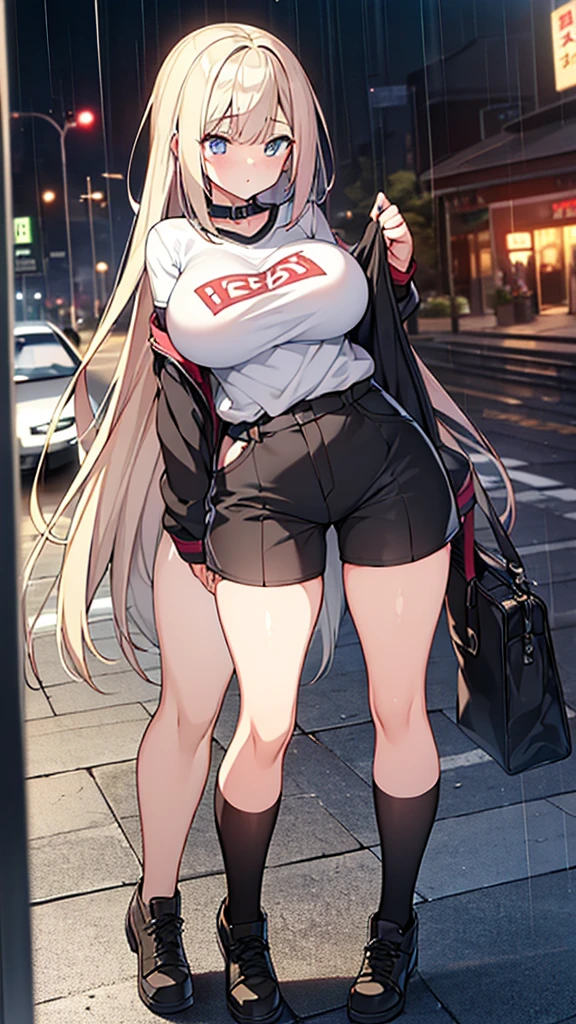 Full body image, front, One girl, 18-year-old, Mix 4, (32K, RAW Photos, Highest quality, masterpiece:1.2), (Anime-like, photoAnime-like:1.37), cute, Short sleeve T-shirt,Shorts,Black knee socks, night, rain, Humidity, Professional Lighting, Photon Mapping, Radio City, Physically Based Rendering, Super Resolution, (Big Breasts:1.2), {{The biological weapon that had preyed on the younger sister took her place and reunited with the older brother, The rebellious little sister has become the obedient little sister}}, Girl Skull, whole body, NSFW