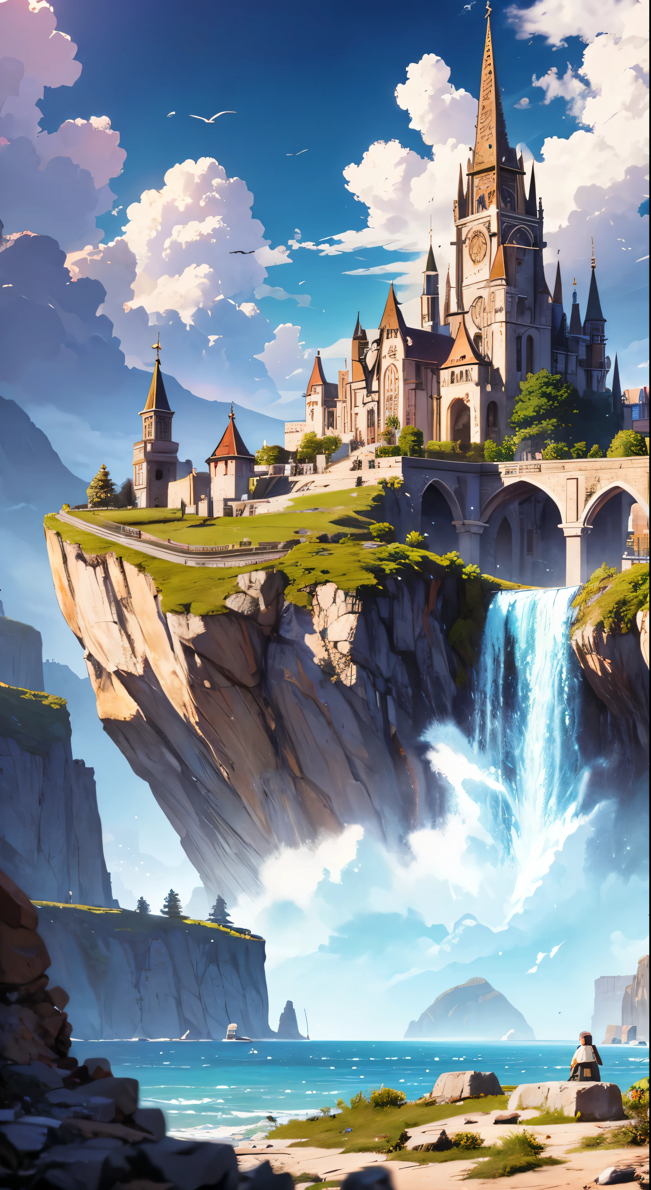 (masterpiece, best quality:1.2), super detail, cinematic lighting, HDR, illustration, Giant stone heads as habitat amid the sea, colorful,  monks in procession, mystery, highly detailed, high contrast, golden ratio composition, epic view, masterpiece,Cute Anime Girl