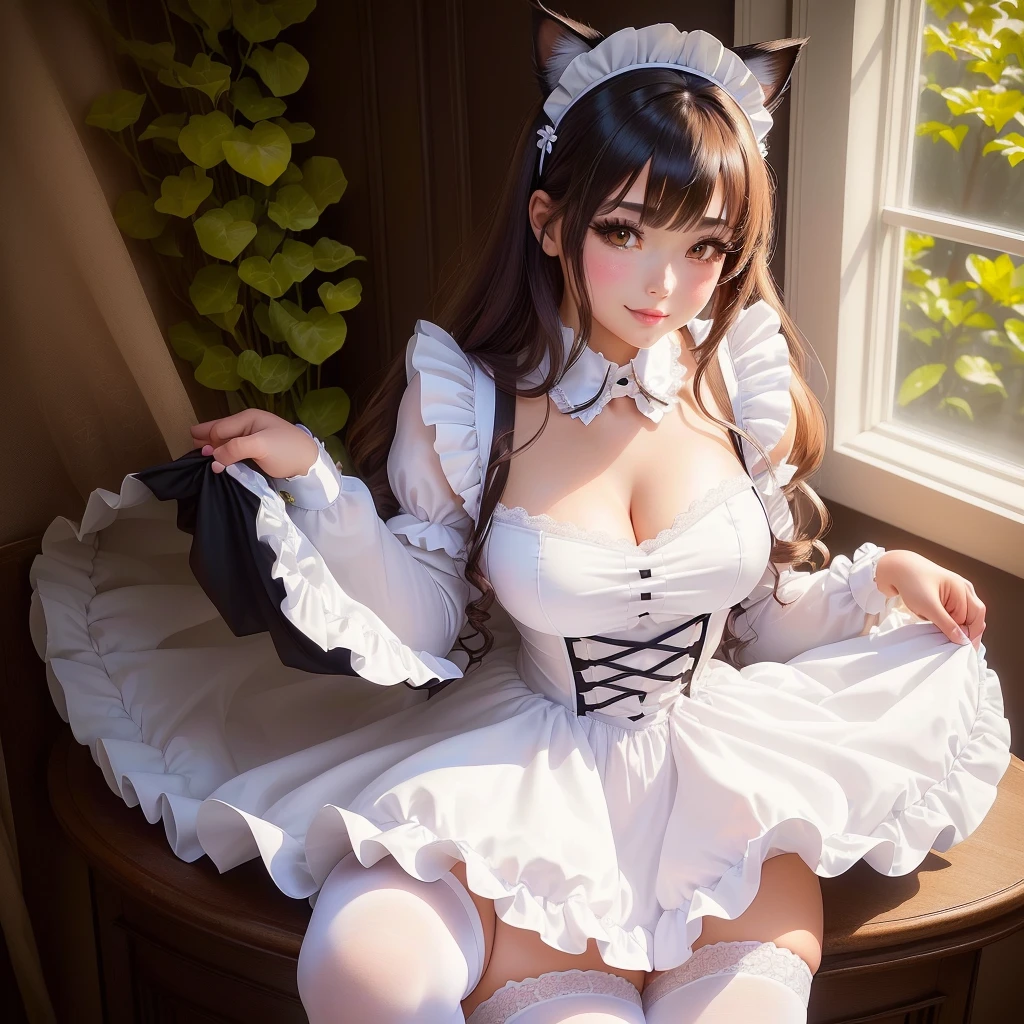 a close up of a woman in a maid outfit posing for a picture, gorgeous maid, anime girl in a maid costume, a sexy maid in a magical forest, anime cat girl in a maid costume, maid outfit, cosplay chica anime, maid dress, cat boy cosplay! maid! dress, anime barbie in white stockings, maid, sweet ultra-realistic bunny