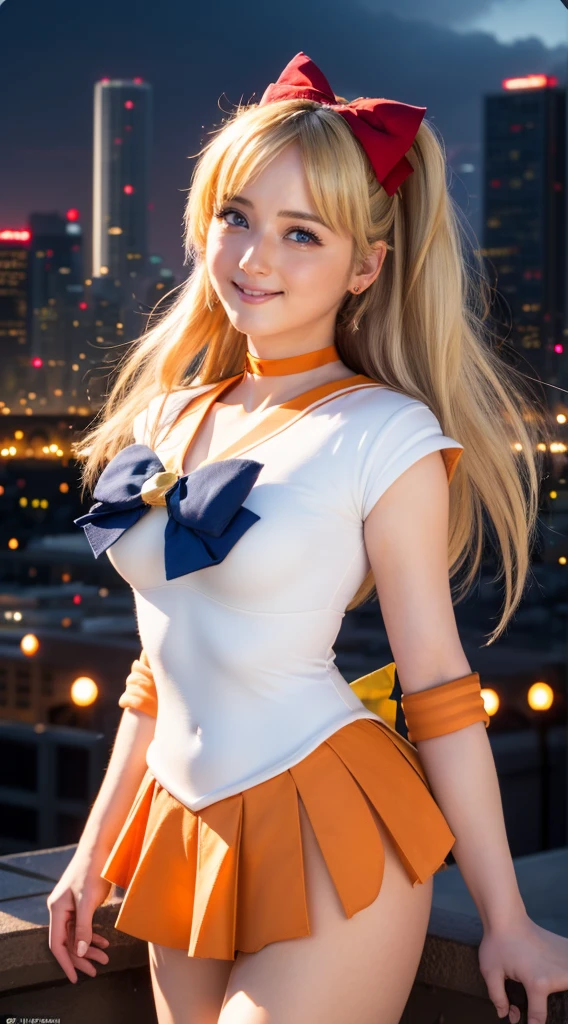masterpiece, Highest quality, High resolution, Venus 1, One girl, alone, Sailor Warrior Uniform, Sailor Venus, aino minako, Blonde, Magical girl, blue eyes, Orange Skirt, Elbow hand pockets, tiara, Pleated skirt, Hair Ribbon, Orange sailor collar, mini skirt, choker, Red Bow, orange choker, White gloves, Very long hair,  jewelry,  Earrings, Cowboy Shot, smile,,More detailed 8K.Unreal Engine:1.4,超High resolution,La Highest quality:1.4, Realistic:1.4, Skin Texture:1.4, masterpiece:1.8,first work, Highest quality,Object Object], (Detailed facial features:1.3),(Fine hand:1.4),(Apocalyptic destroyed cityscape:1.4)