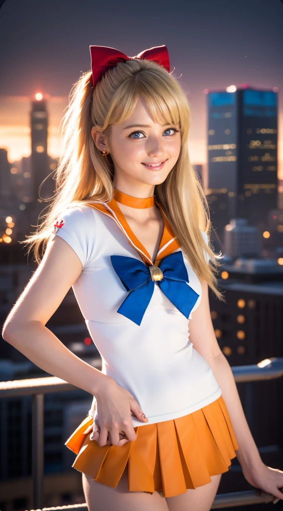 masterpiece, Highest quality, High resolution, Venus 1, One girl, alone, Sailor Warrior Uniform, Sailor Venus, aino minako, Blonde, Magical girl, blue eyes, Orange Skirt, Elbow hand pockets, tiara, Pleated skirt, Hair Ribbon, Orange sailor collar, mini skirt, choker, Red Bow, orange choker, White gloves, Very long hair,  jewelry,  Earrings, Cowboy Shot, smile,,More detailed 8K.Unreal Engine:1.4,超High resolution,La Highest quality:1.4, Realistic:1.4, Skin Texture:1.4, masterpiece:1.8,first work, Highest quality,Object Object], (Detailed facial features:1.3),(Fine hand:1.4),(Apocalyptic destroyed cityscape:1.4)