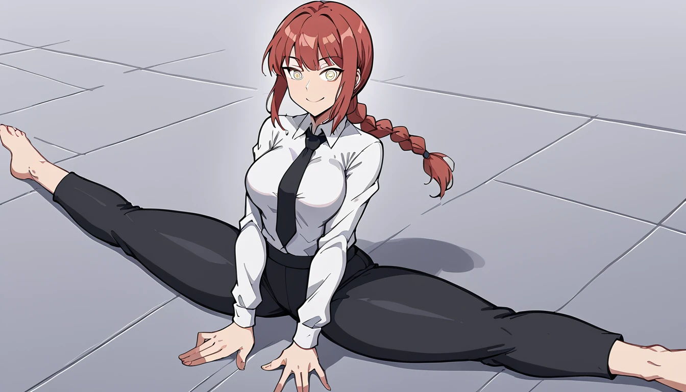 makima, braided ponytail, ringed eyes, collared shirt, black necktie, black pants, smile, One girl, Sitting, On the floor, Split Horizon, stretch, horizontal splits, stretch regs, hands on floor