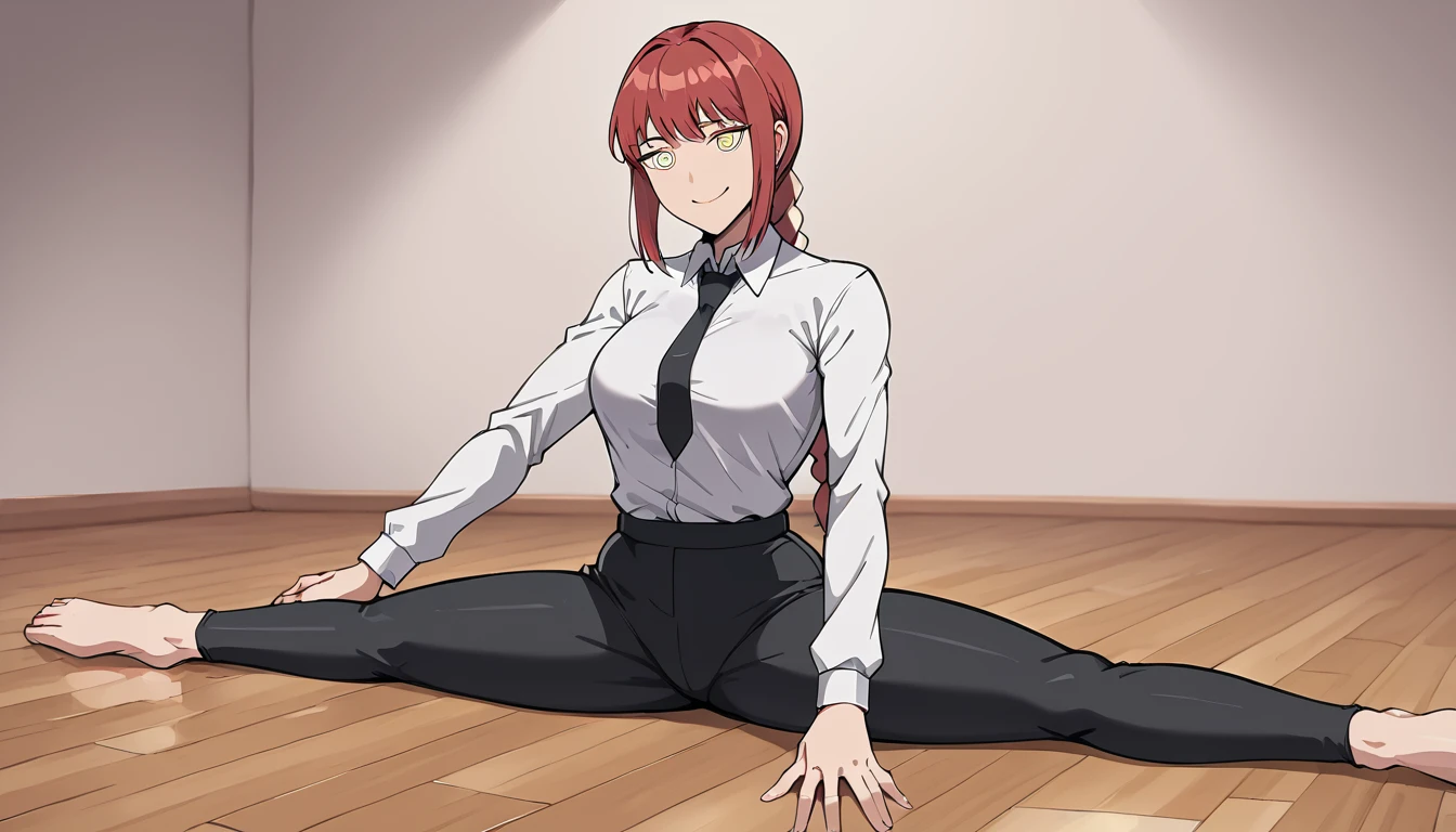 makima, braided ponytail, ringed eyes, collared shirt, black necktie, black pants, smile, One girl, Sitting, On the floor, Split Horizon, stretch, horizontal splits, stretch regs, hands on floor