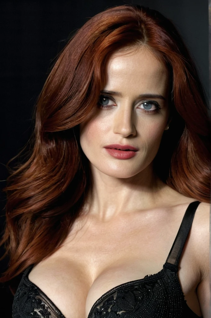 Professional photo of a beautiful young girl, beautiful face, eva green, salma hayek, glamor makeup, long red hair, thin body, large breasts, black bra, simple black background, eye contact, looking at viewer, masterpiece, best quality, perfect detail, perfect face detail, perfect eye detail, perfect skin detail, depth of field, perfect lighting
