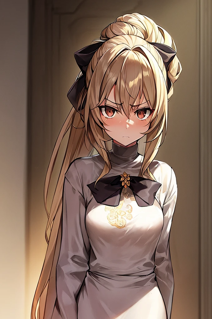 Masterpiece, best quality, girl noir style, beige skin, hairy skin, beige hair on the skin, brown eyes, long beige hair combed, hair up, white dress, black bow, determined look, look forward, serious, hairy skin . hairy face, noir style, hair up.