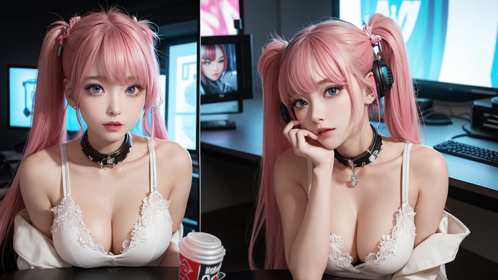 masterpiece, 1 beautiful girl, Detailed eye, Swollen eyes, top-quality, 超A high resolution, (reality: 1.4), Movie Lighting, japanes, a asian beauty, very extremely beautiful, Beautiful skins, A slender, Forward-facing body, gazing at viewer、(A hyper-realistic), (hight resolution), (8k), (ighly detailed), ( Best Illustration), (beautifully detailed eyes), (Ultra-detail), Detailed face, Bright lighting, Professional Lighting、The background is a cyberpunk room with many monitors..、Hair color is pink twin tails、、headset on head、Moles under the eyes、Plump and glossy lips、Heart-shaped choker、Female Game Commentator, Close eyes
