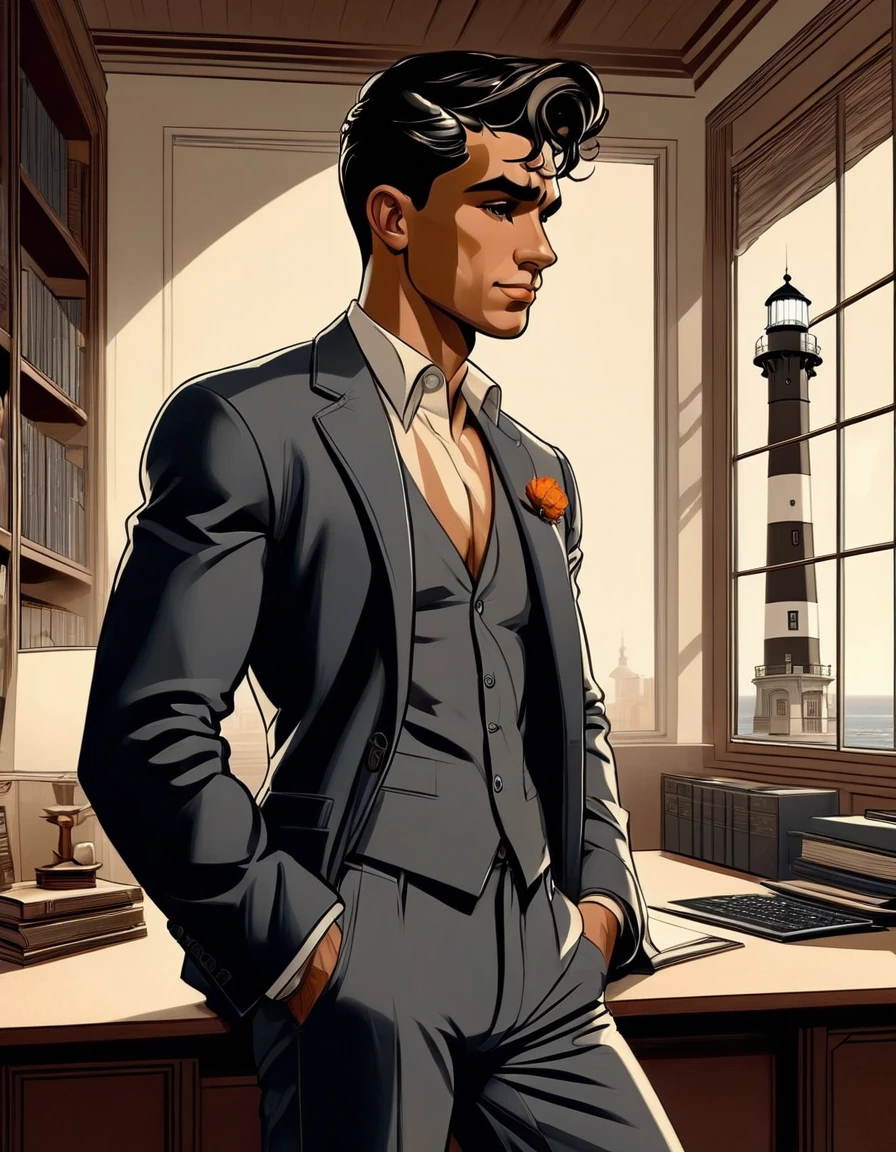 (( NAKED fullbody)), In leng jun and norman rockwell art style, hd, 8k resolution, FULLBODY, 16k resolution, hd, fullbody, ((view from ABOVE)) A young man, latino, cinnmon skin, thin face, straight nose, thin lips, square chin, large black eyes, short black, wavy hair, in roberto ferri style, aesthetic slim athletic body, very tall, latino, realistic skin, gorgeous, realistic detailed tonned muscles, barefoot, perfect anatomy, muscled fitness body, 195cm tall, realistic skin, skinny realistic detailed muscles, he is NAKED, standing next to an art deco desk with a orange laptop barefoot, perfect detailed feet, relaxed body lenguaje, relaxed face expresion. ((side view, storbe lighting, Leading Lines composition )) background art deco foffice, with shelves with large windows to see a lighthouse