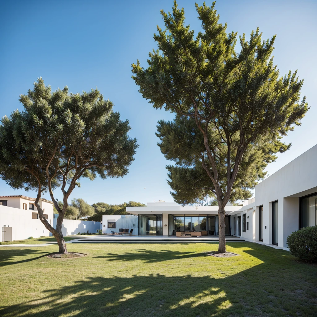 A landscape with clear blue skies, with only one olive tree standing out in a large area, sun shining, realisitic, just the natural landscape without buildings
