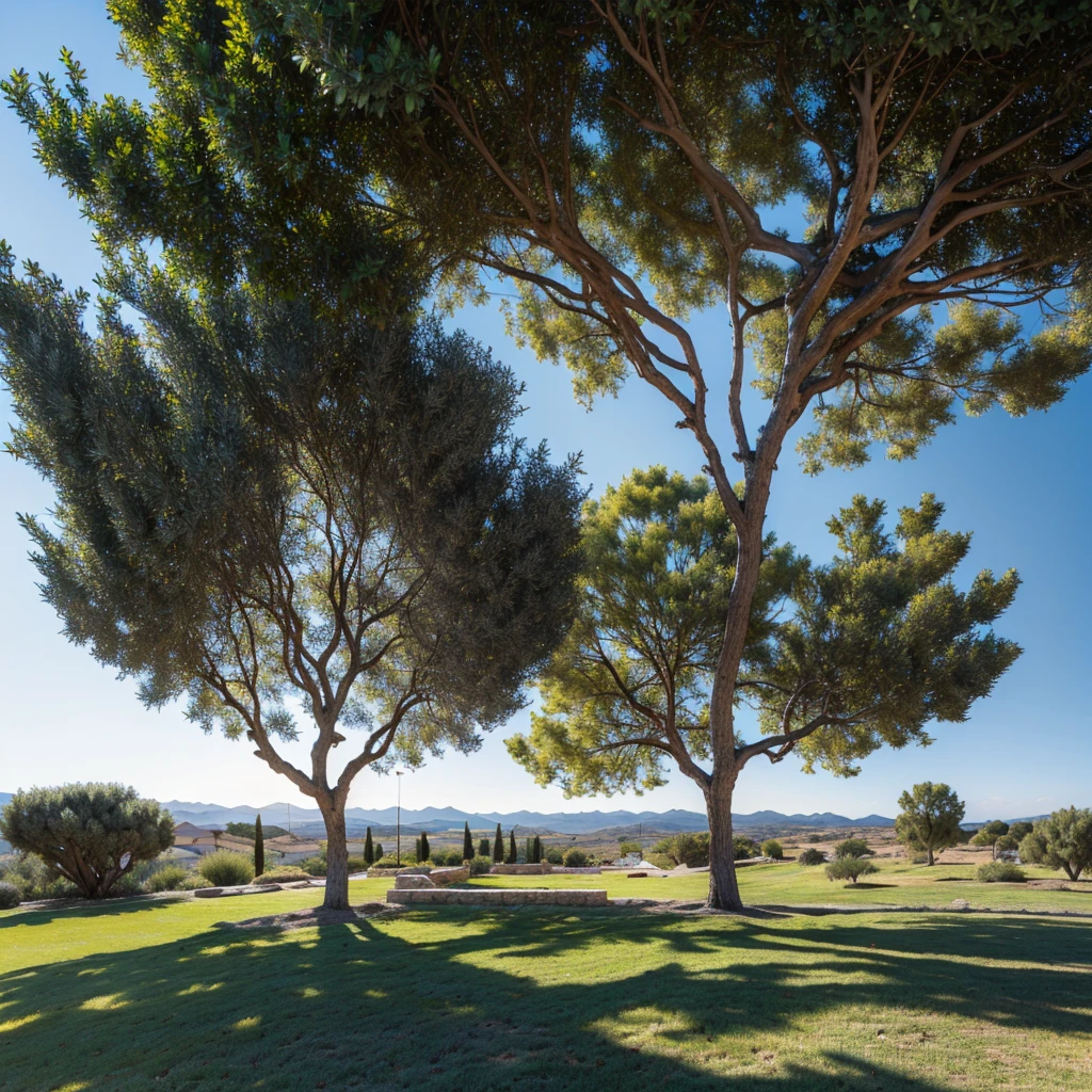 A landscape with clear blue skies, with only one olive tree standing out in a large area, sun shining, realisitic, just the natural landscape without buildings