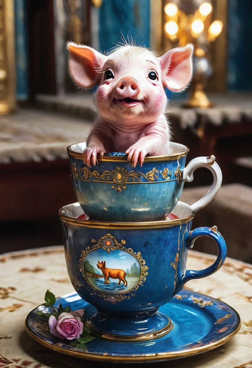 cute tiny realistic piglet sitting inside an ornate ceremonial teacup in the royal palace of Siberia, tea is spilling down the cup and pooling on to the plate, sub surface shading, dramatic lighting