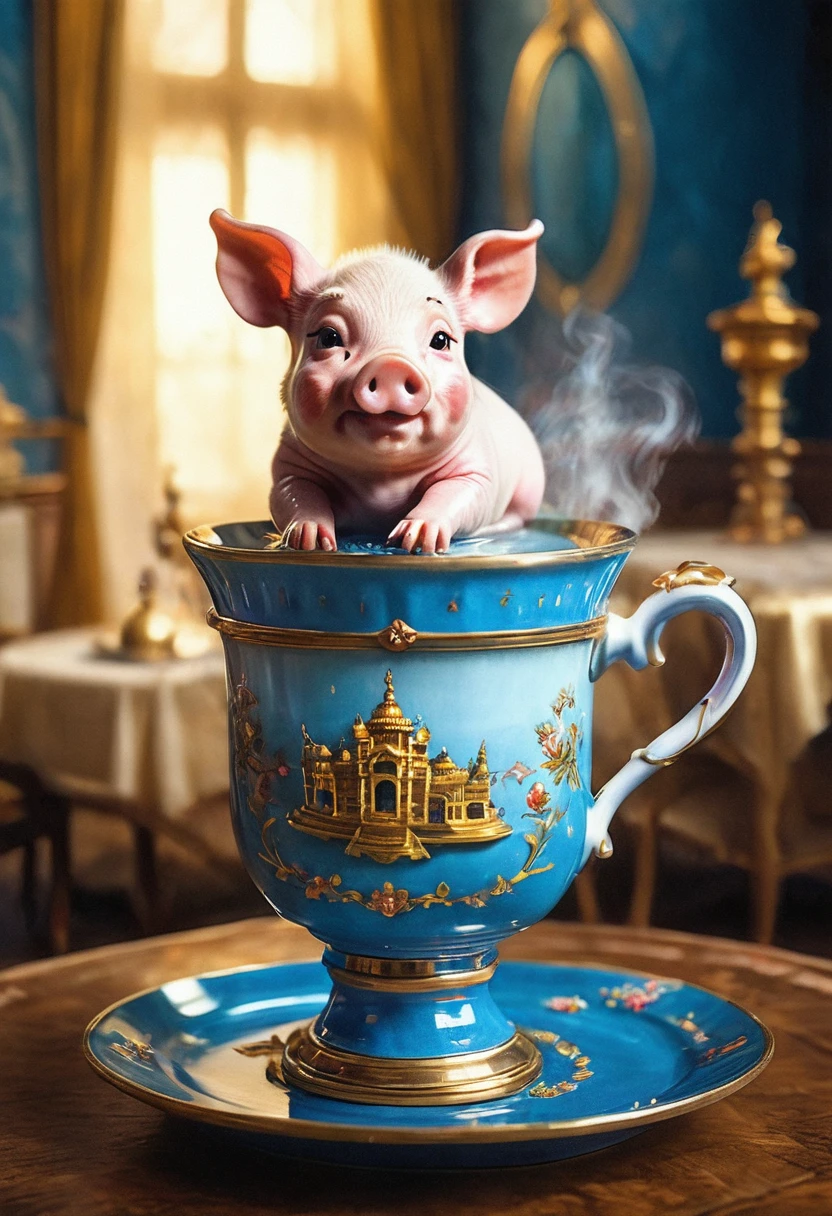 cute tiny realistic piglet sitting inside an ornate ceremonial teacup in the royal palace of Siberia, tea is spilling down the cup and pooling on to the plate, sub surface shading, dramatic lighting