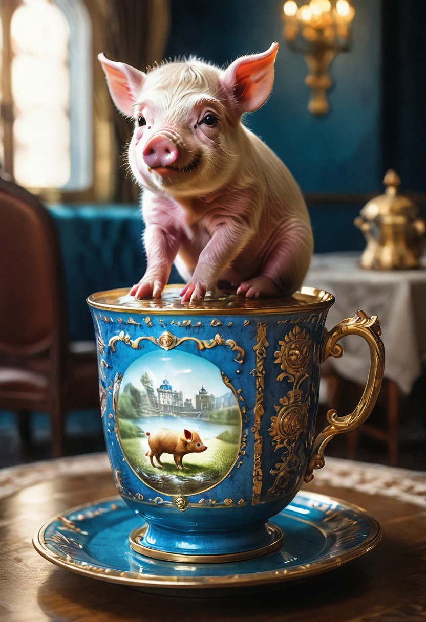 cute tiny realistic piglet sitting inside an ornate ceremonial teacup in the royal palace of Siberia, tea is spilling down the cup and pooling on to the plate, sub surface shading, dramatic lighting